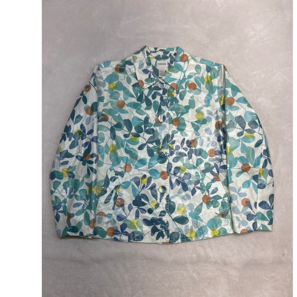Chico's Button Front Jacket Women 2 White Teal Leaf Print Lined Polyurethane